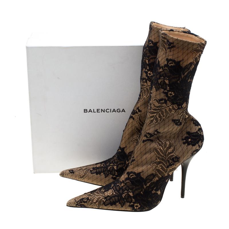 Balenciaga Beige Fabric And Black Floral Lace Pointed Toe Mid Calf Boots Size 39 3