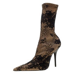 Balenciaga Beige Fabric And Black Floral Lace Pointed Toe Mid Calf Boots Size 39