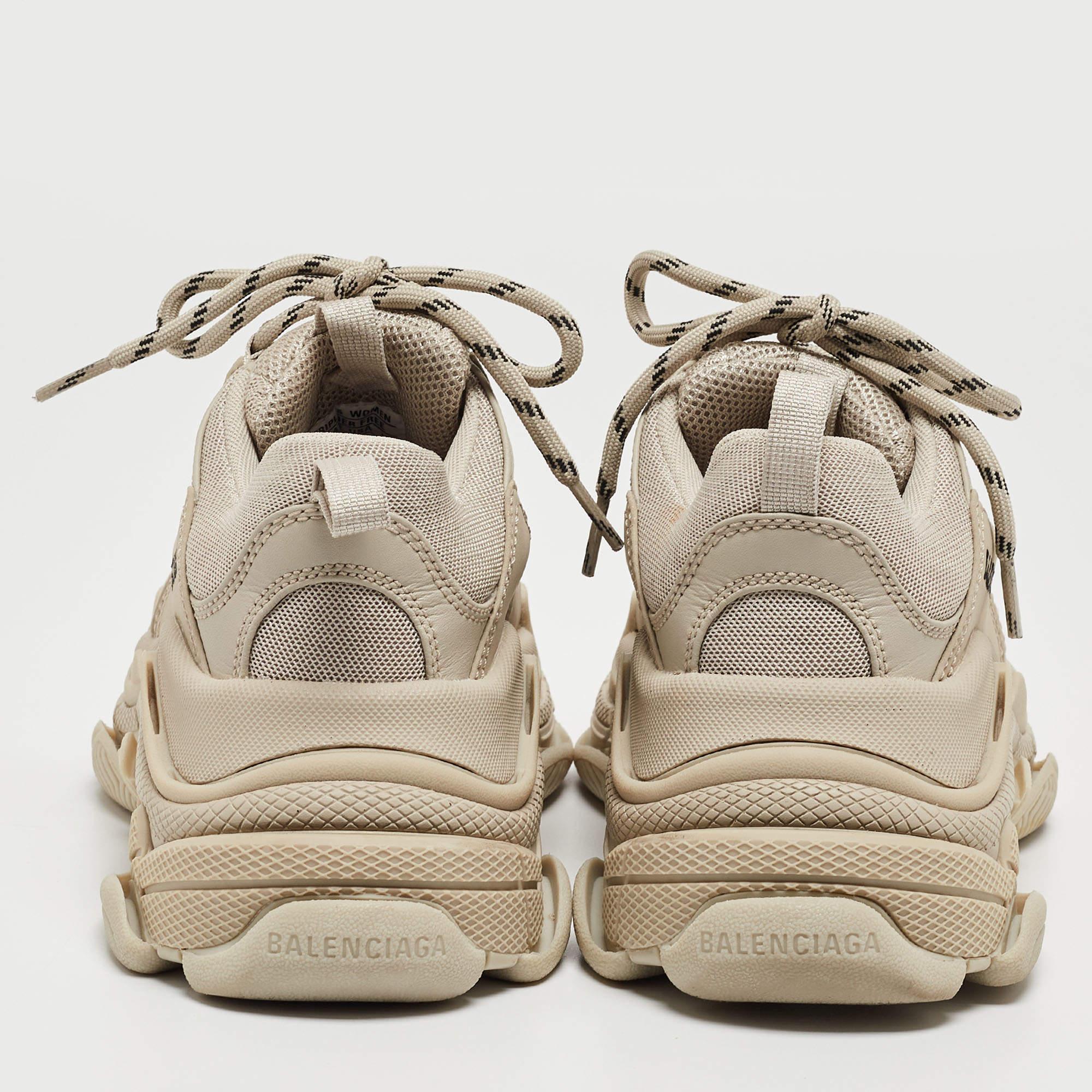 Balenciaga Beige Faux Leather and Mesh Triple S Sneakers Size 36 For Sale 1