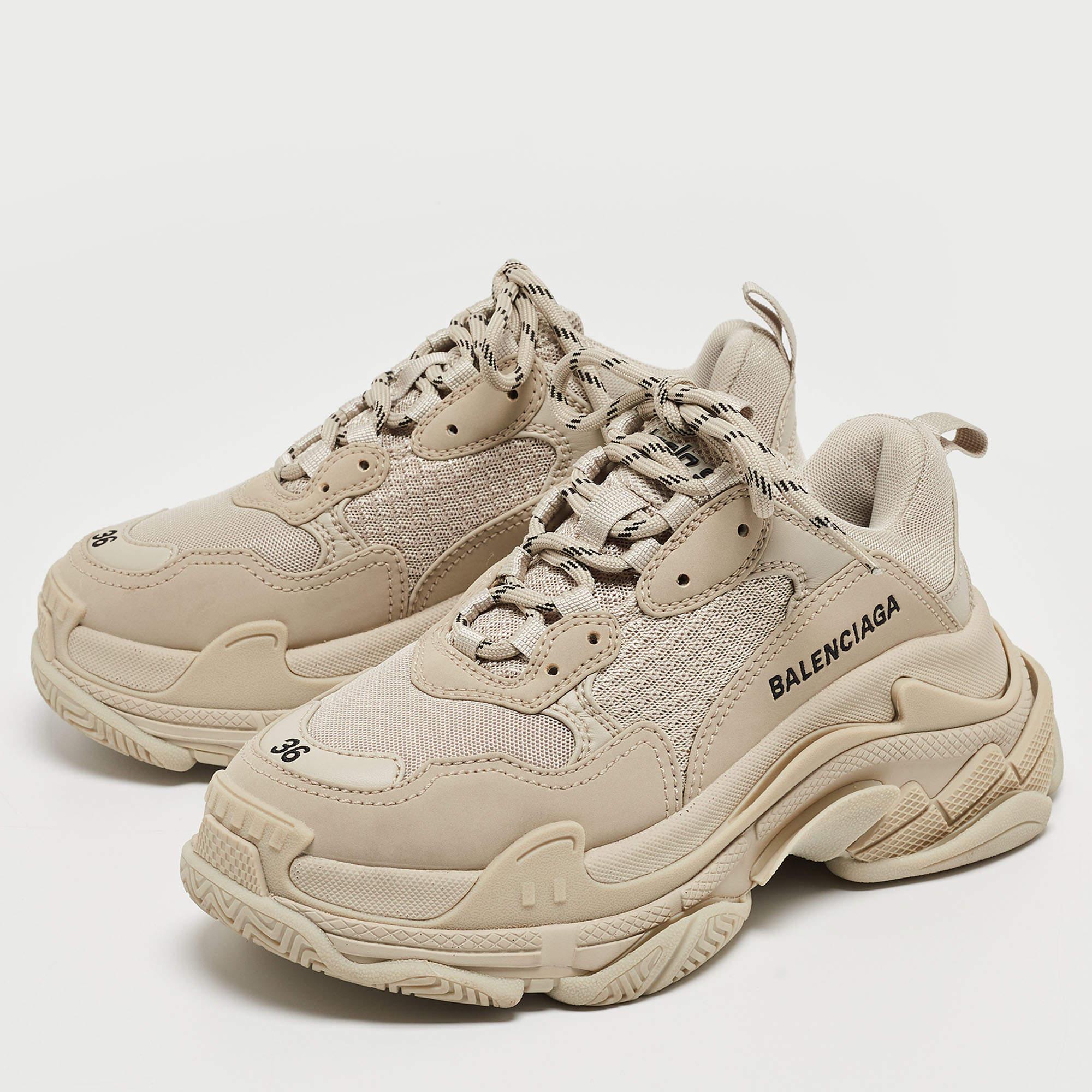 Balenciaga Beige Faux Leather and Mesh Triple S Sneakers Size 36 For Sale 3