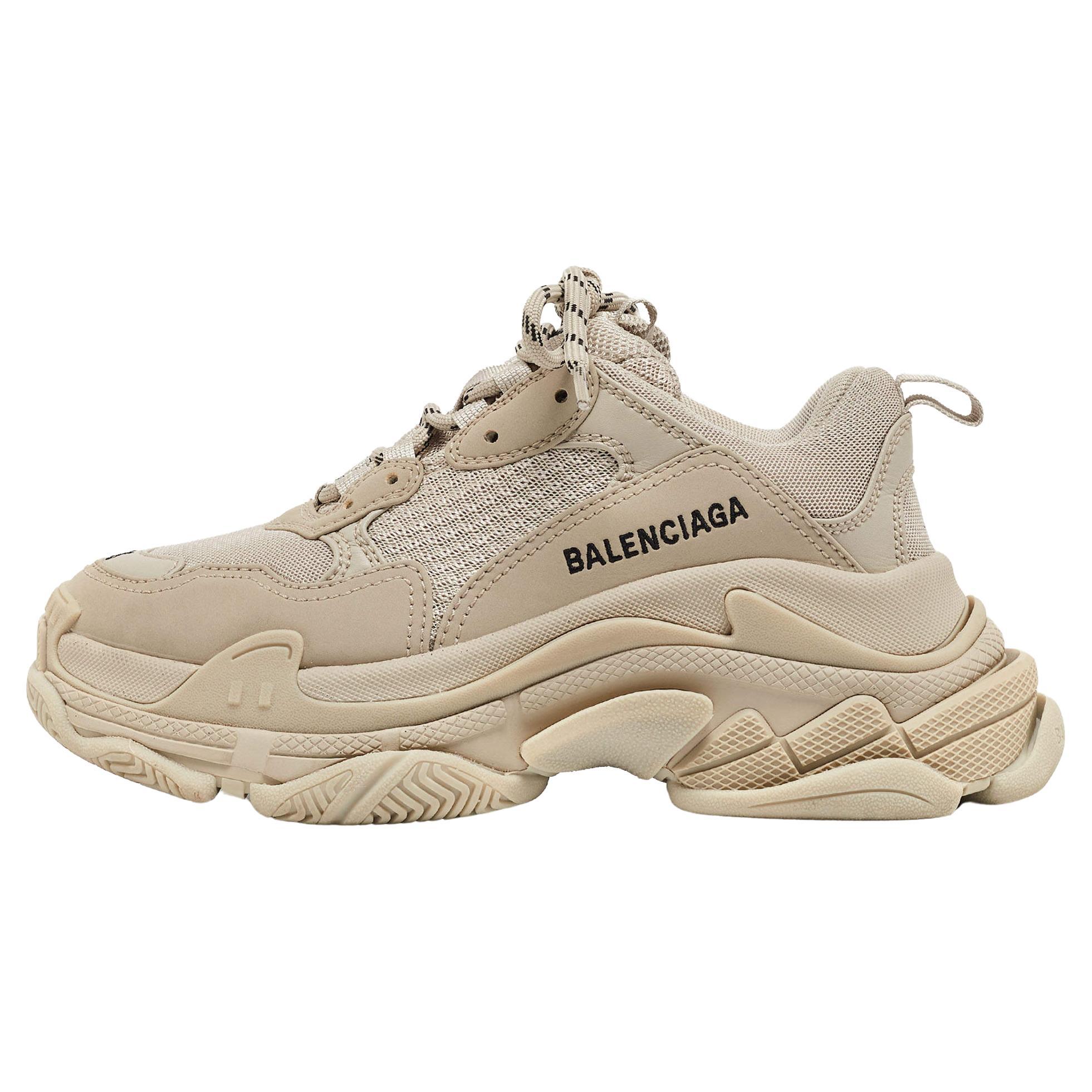 Balenciaga Beige Faux Leather and Mesh Triple S Sneakers Size 36 For Sale