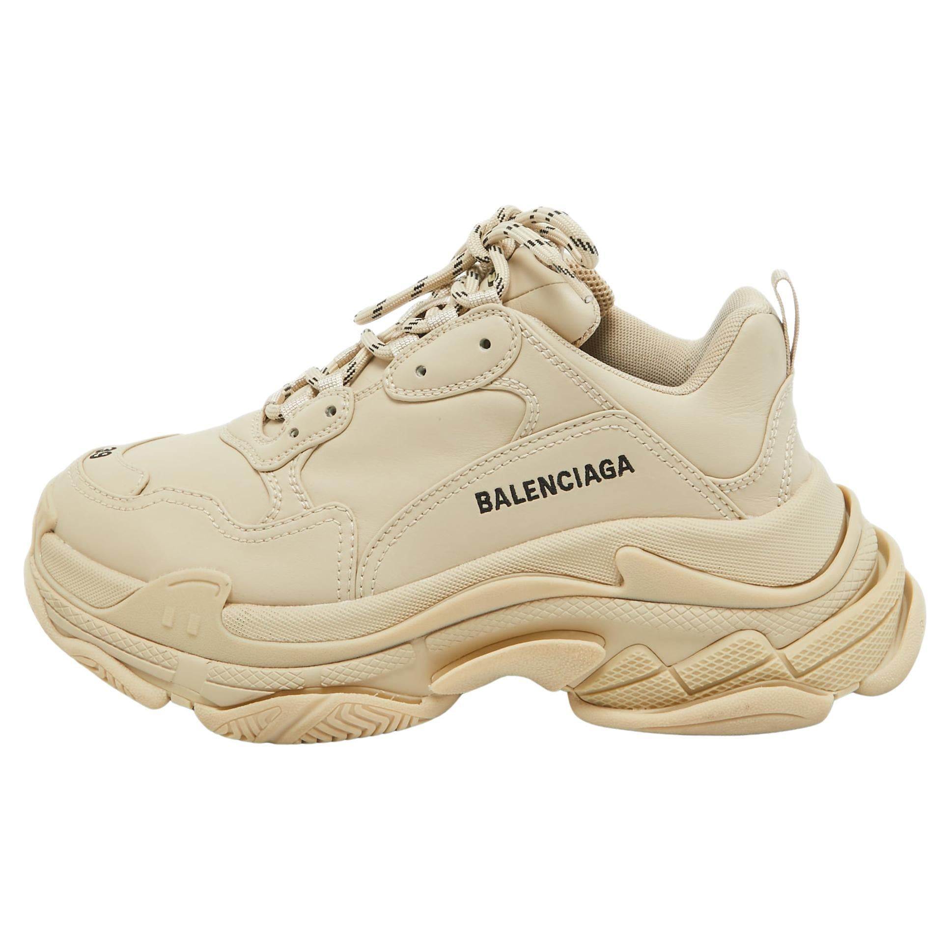 Balenciaga Beige Faux Leather Triple S Sneakers Size 39 For Sale