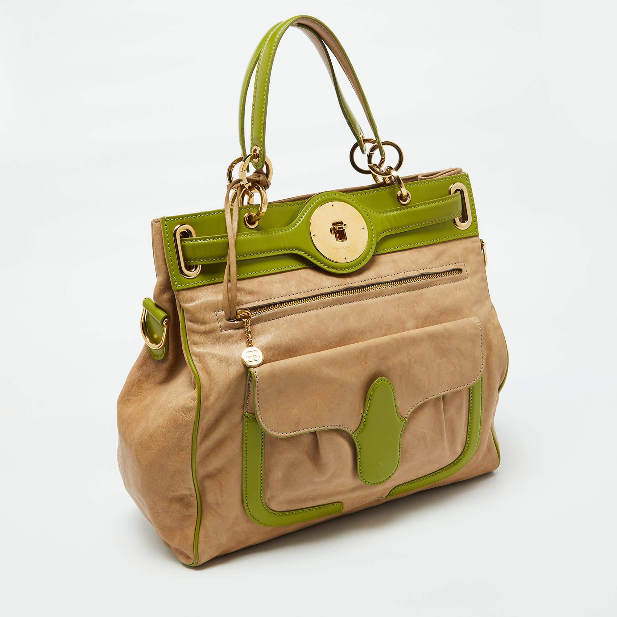 Brown Balenciaga Beige/Green Leather Lune Tote For Sale