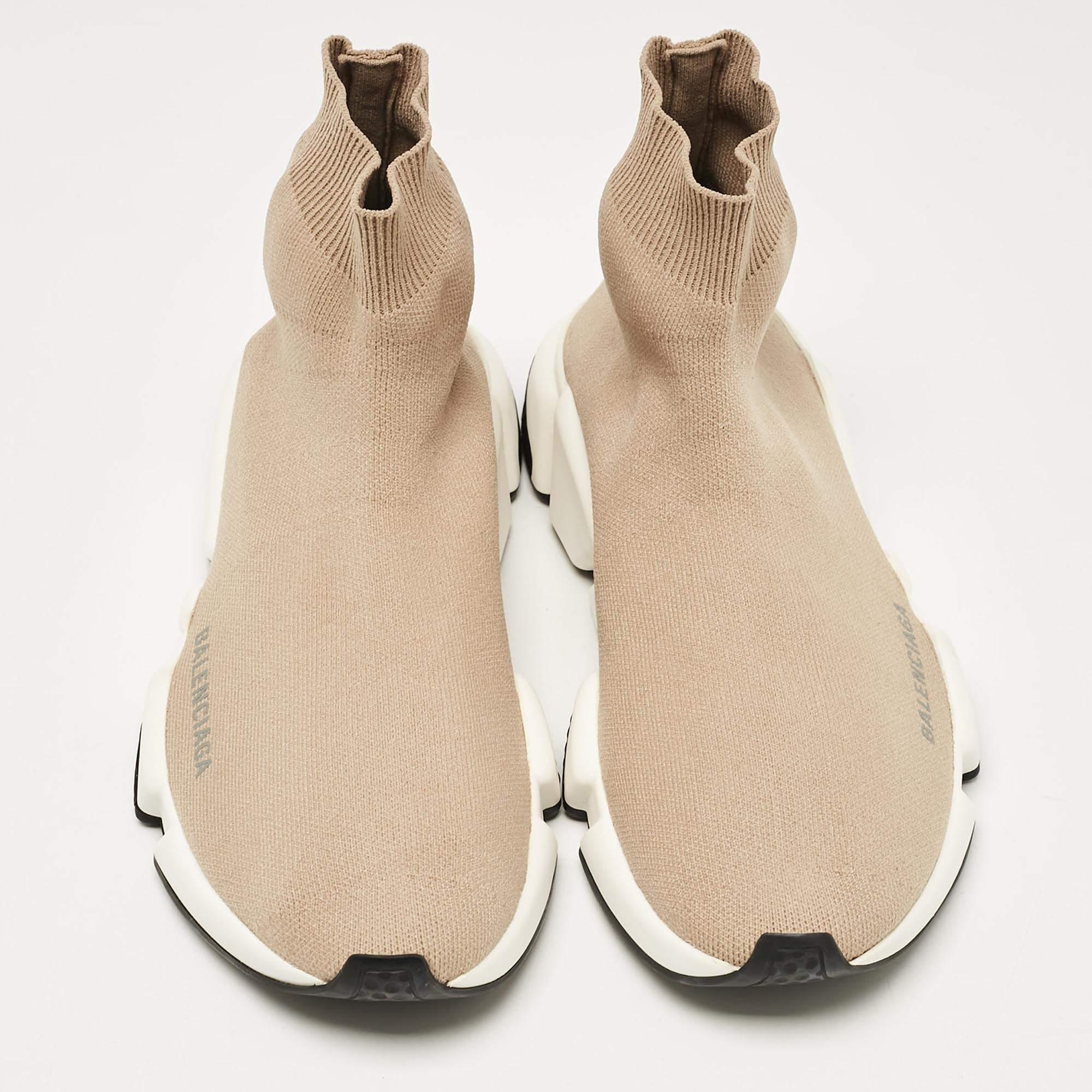 Balenciaga Beige Knit Fabric Speed High Top Sneakers Size 38 In Good Condition For Sale In Dubai, Al Qouz 2