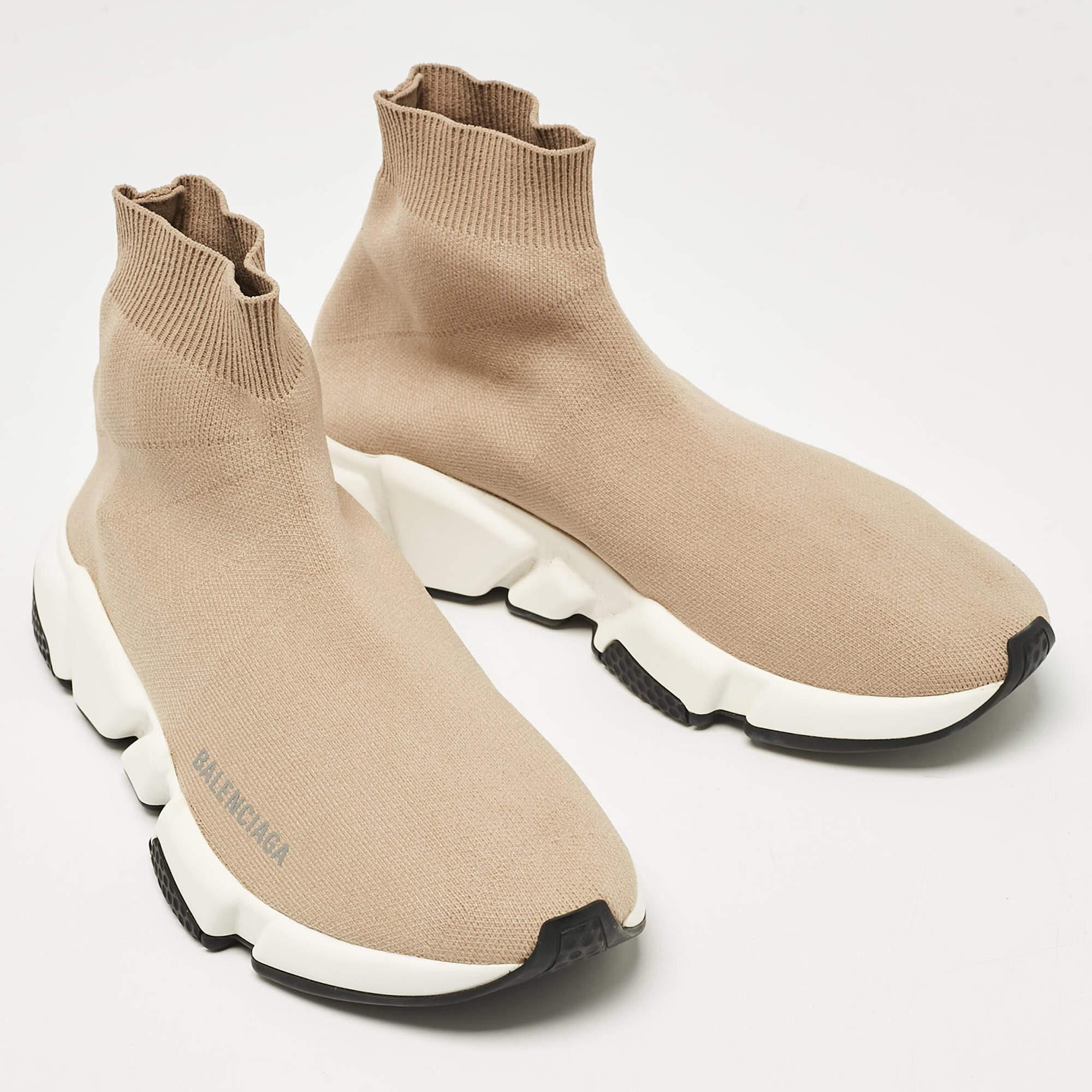 Women's Balenciaga Beige Knit Fabric Speed High Top Sneakers Size 38 For Sale