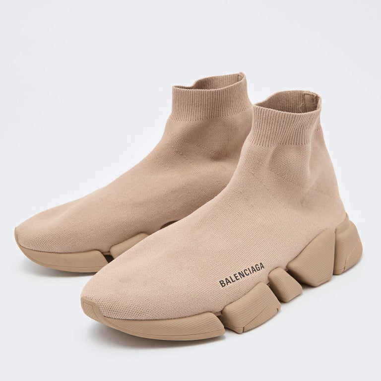 Balenciaga Beige Knit Fabric Speed Trainer Slip On Sneakers Size 43 For Sale  at 1stDibs