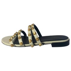 Balenciaga Beige Leather and Goldtone Studded Slide Sandals sz 37