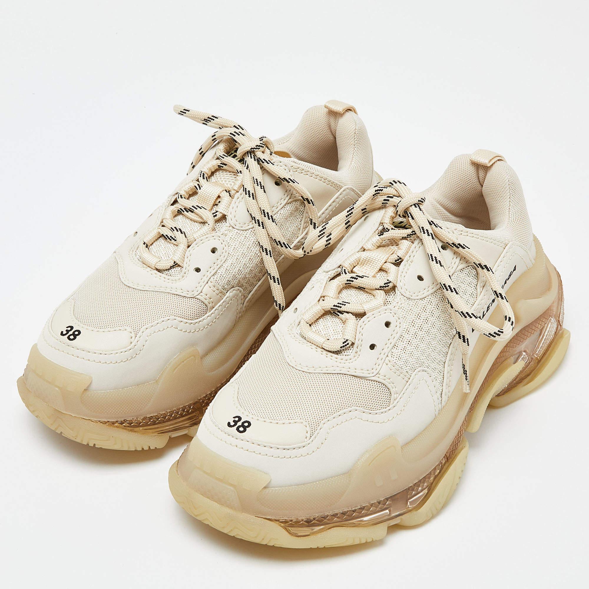 Balenciaga Beige Leather and Mesh Triple S Clear Sneakers 1
