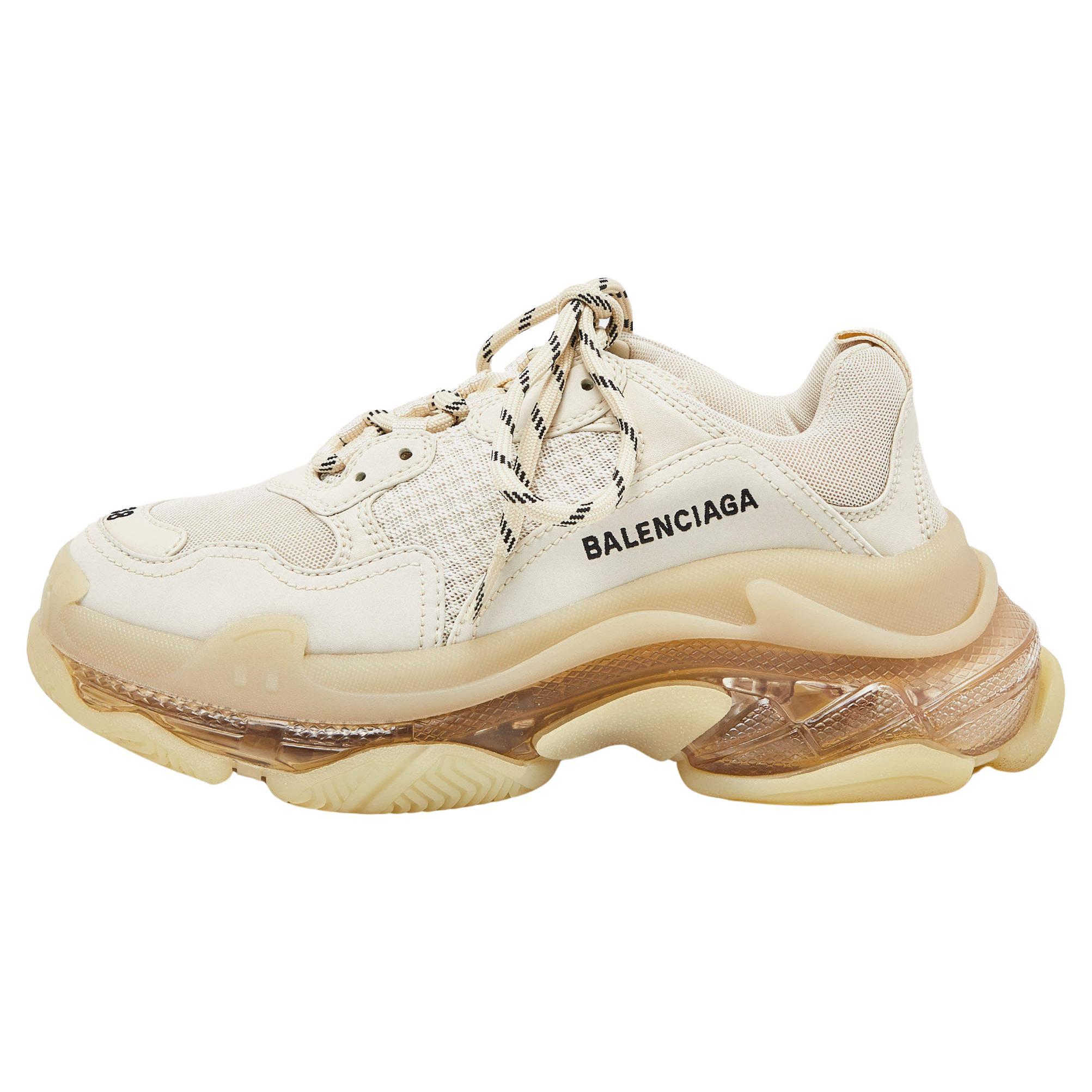 Balenciaga Beige Leather and Mesh Triple S Clear Sneakers