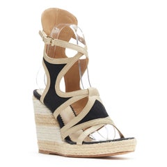 BALENCIAGA beige leather black canvas strappy gladiator espadrille platform EU38