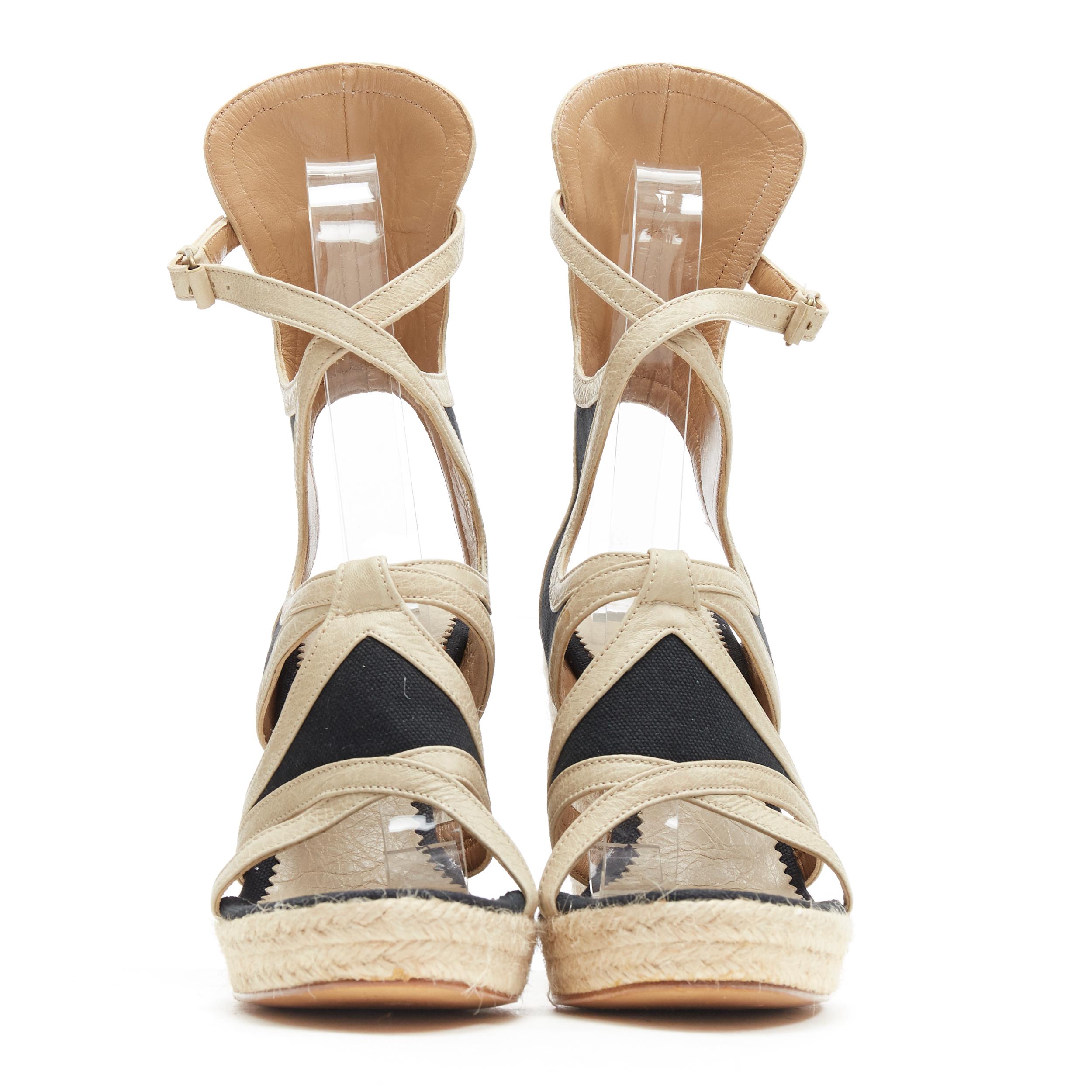 Beige Balenciaga beige, pelle nera, tela, tracolla, piattaforma espadrillas EU38