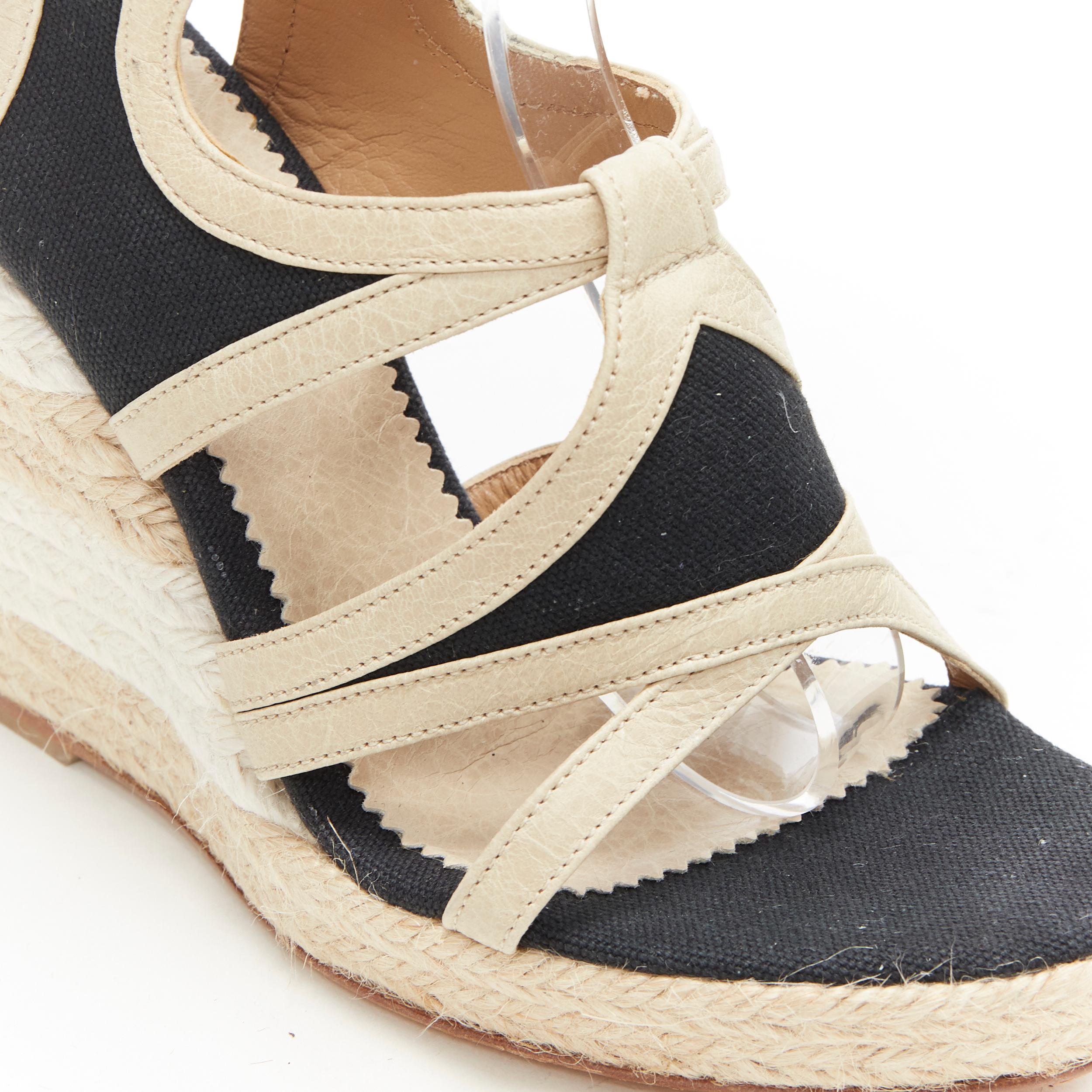 Balenciaga beige, pelle nera, tela, tracolla, piattaforma espadrillas EU38 2