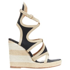 BALENCIAGA beige leather black canvas strappy gladiator espadrille platform EU38