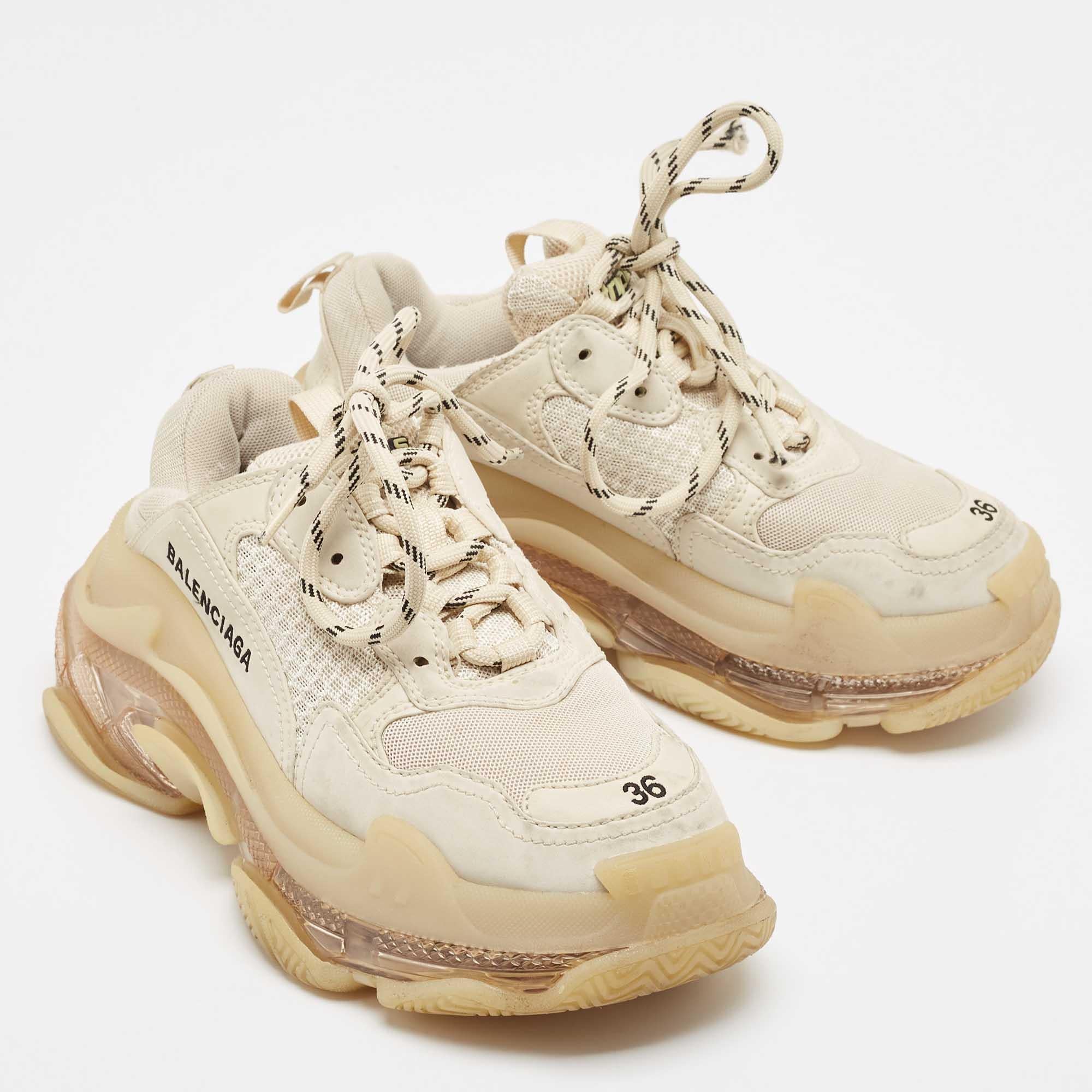 Women's Balenciaga Beige Mesh and Faux Leather Triple S Sneakers Size 36 For Sale