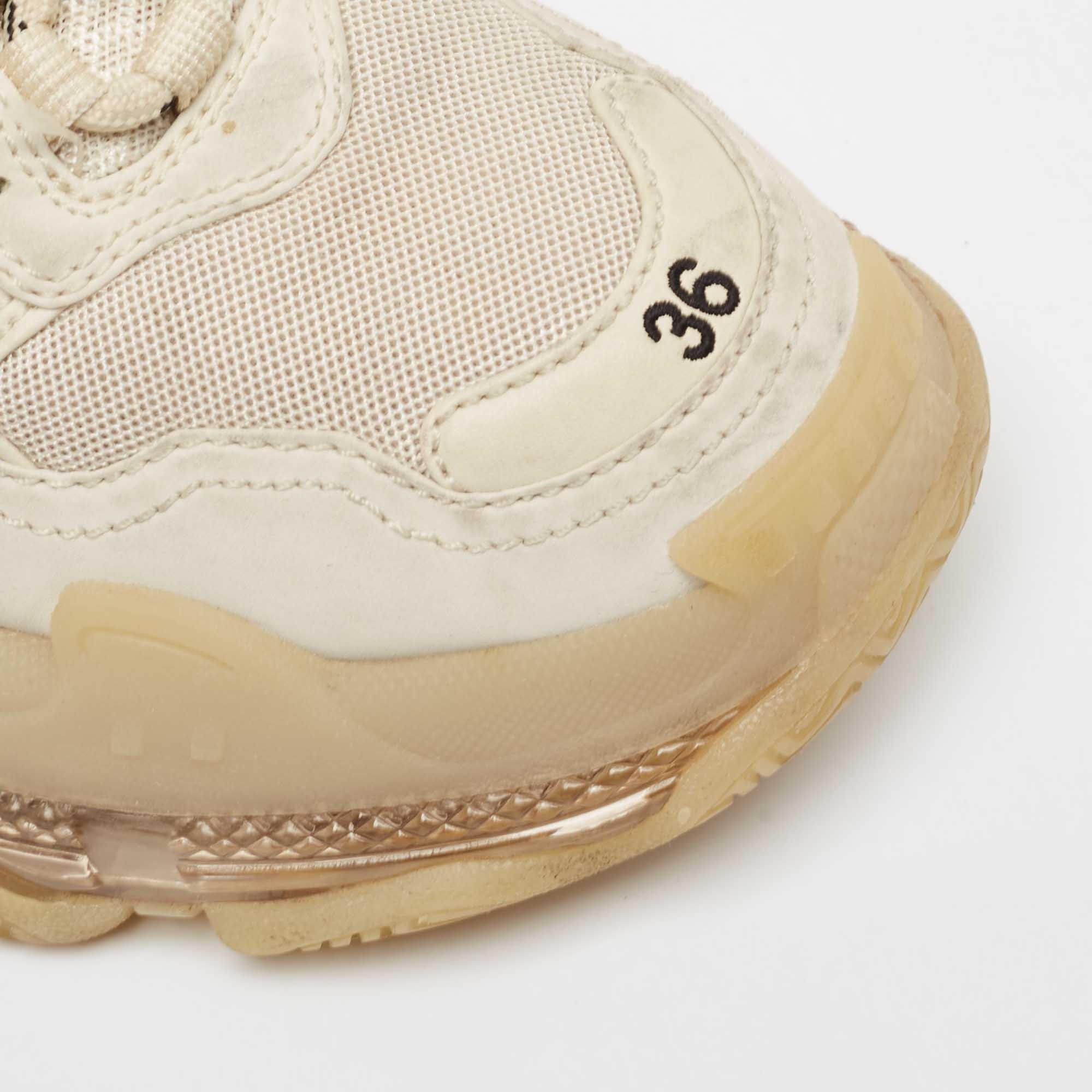Balenciaga Beige Mesh and Faux Leather Triple S Sneakers Size 36 For Sale 4
