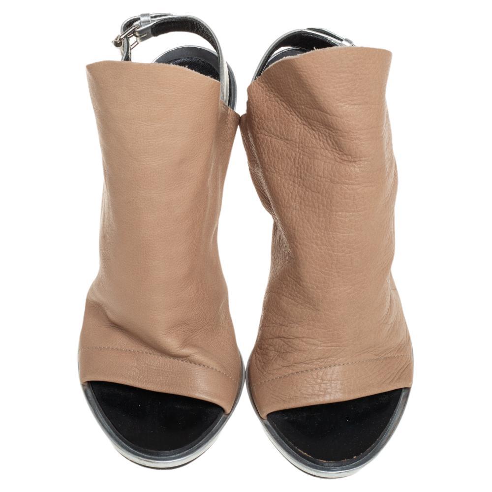 Brown Balenciaga Beige/Silver Leather Glove Peep Open Sandals Size 37