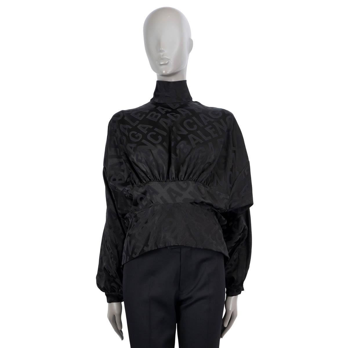 Black BALENCIAGA black 2020 UPSIDE DOWN HIGH NECK LOGO SATIN Blouse Shirt 36 XS For Sale