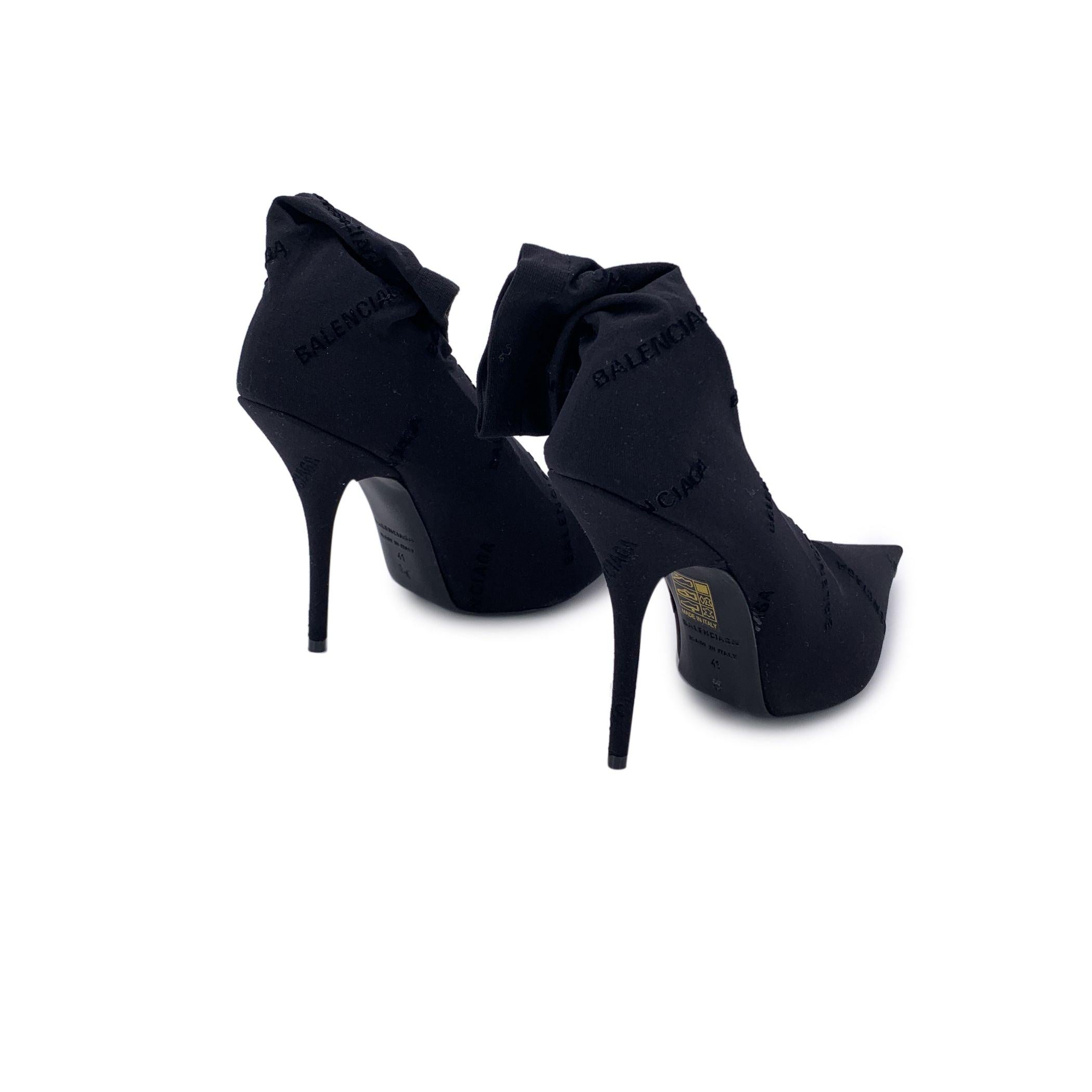 Women's Balenciaga Black All Over Logo Naked Bootie Heeled Sock Shoes Size 41 For Sale