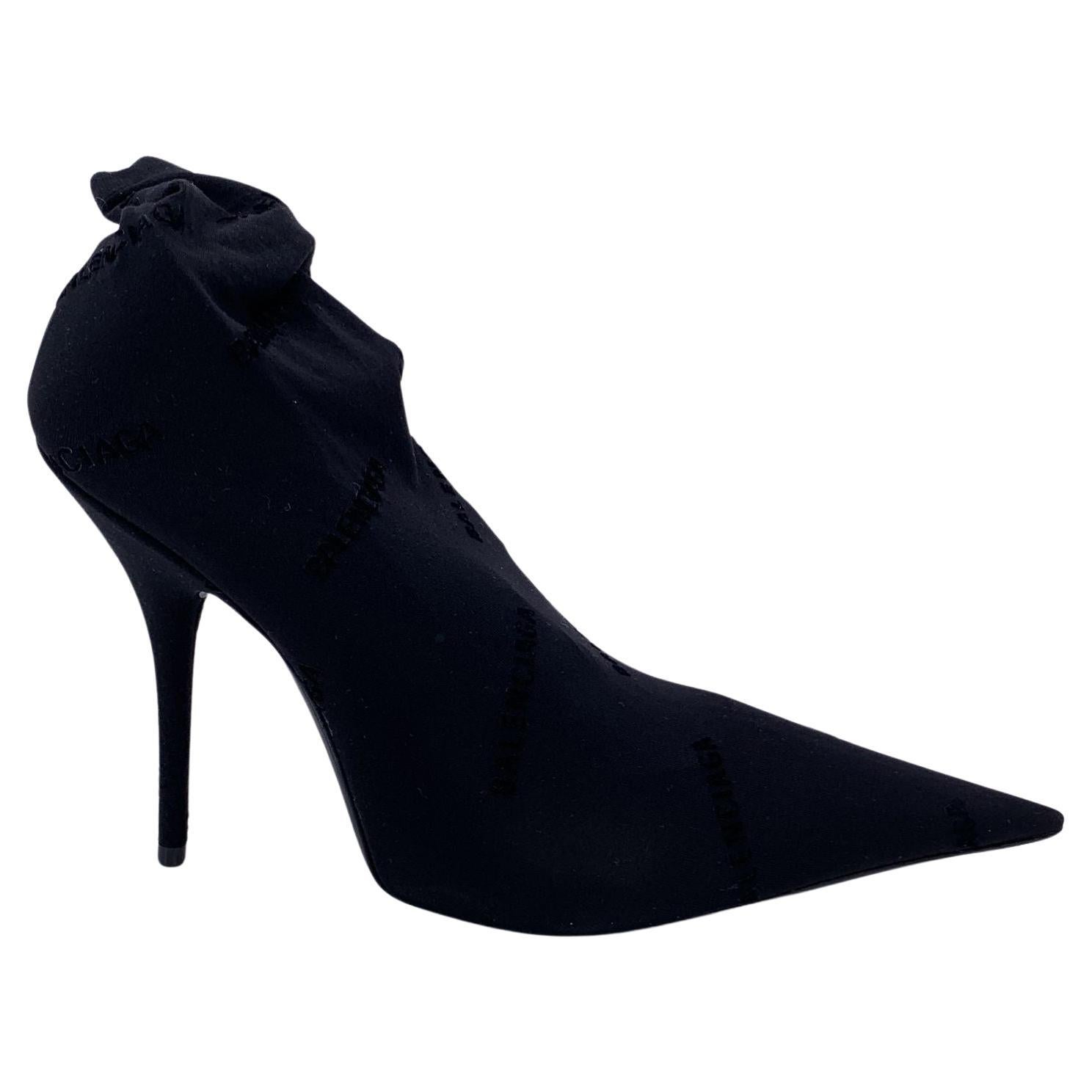 Balenciaga Black All Over Logo Naked Bootie Heeled Sock Shoes Size 41 For Sale