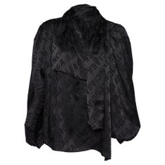 Balenciaga Black All Over Logo Silk Satin Neck Tie Detail Oversized Shirt S