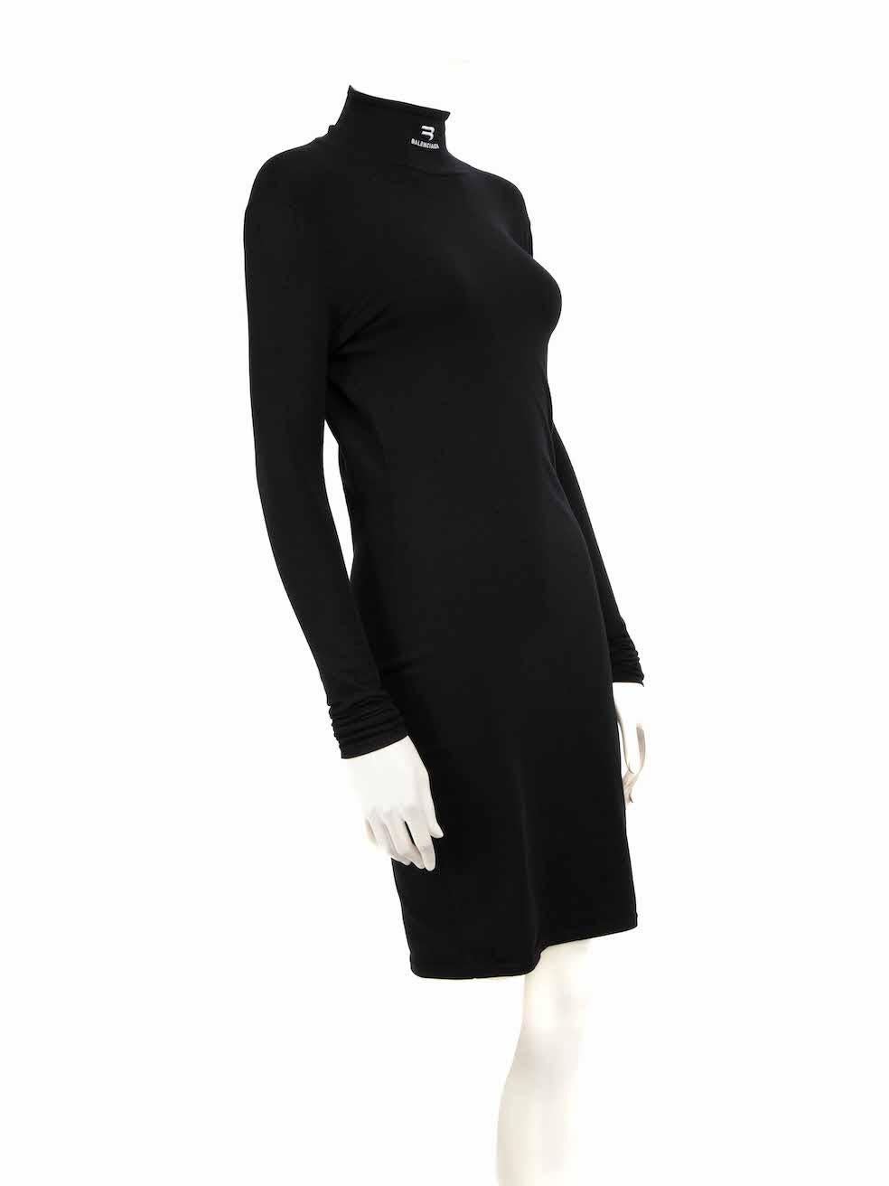 CONDITION is Very good. Hardly any visible wear to dress is evident on this used Balenciaga designer resale item.
 
 
 
 Details
 
 
 Black
 
 Synthetic
 
 Knee length dress
 
 Stretchy
 
 Turtleneck
 
 Logo embroidered detail
 
 Open back
 
 
 
 
