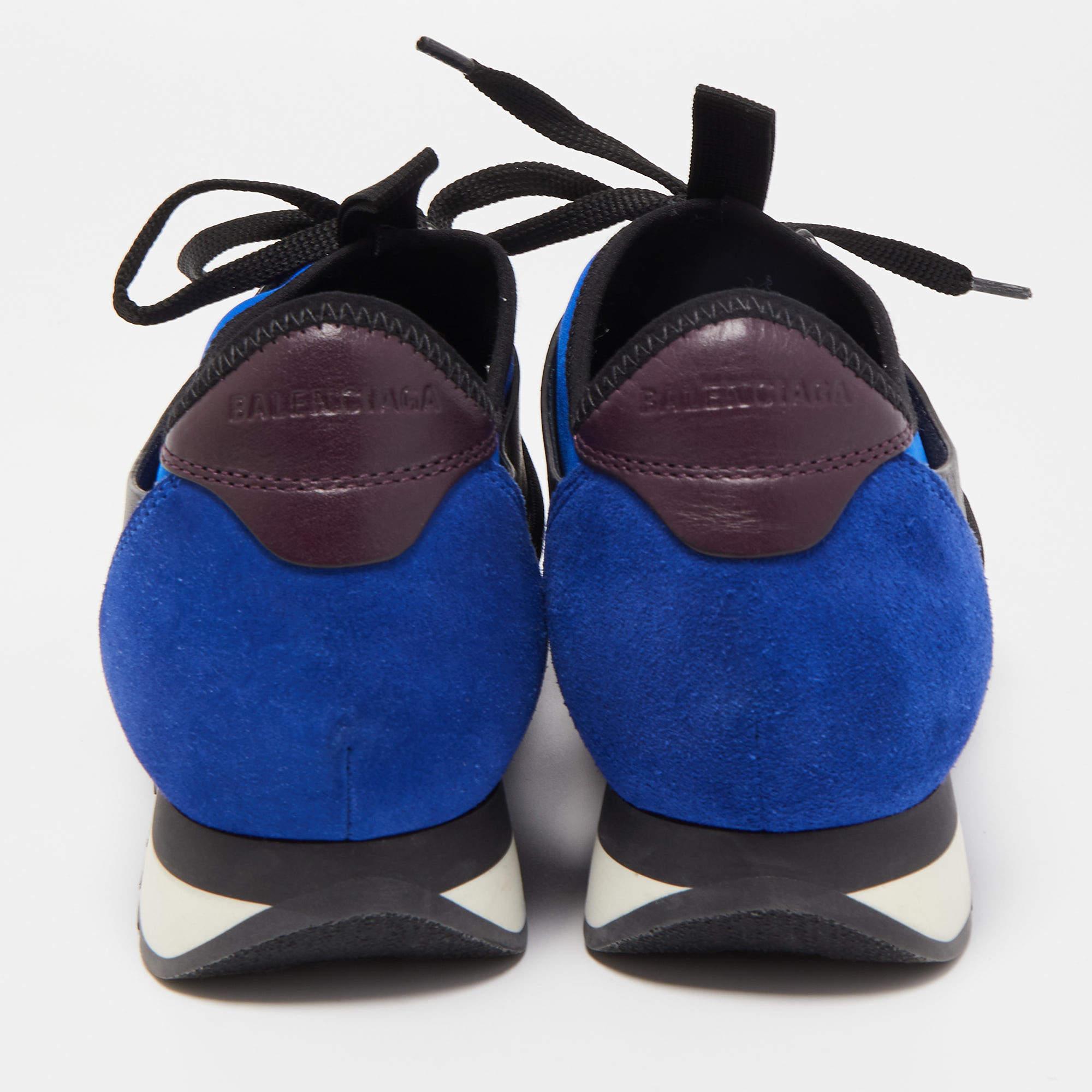 Purple Balenciaga Black/Blue Leathe and Mesh Race Runner Low Sneakers For Sale