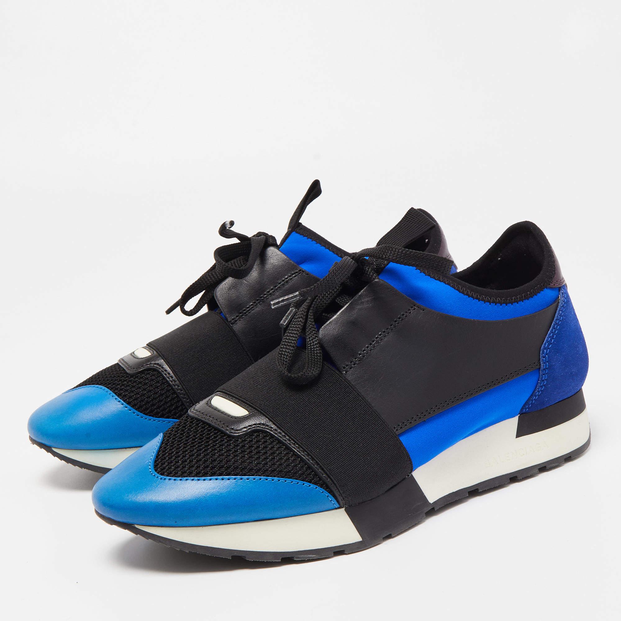 Women's Balenciaga Black/Blue Leathe and Mesh Race Runner Low Sneakers For Sale