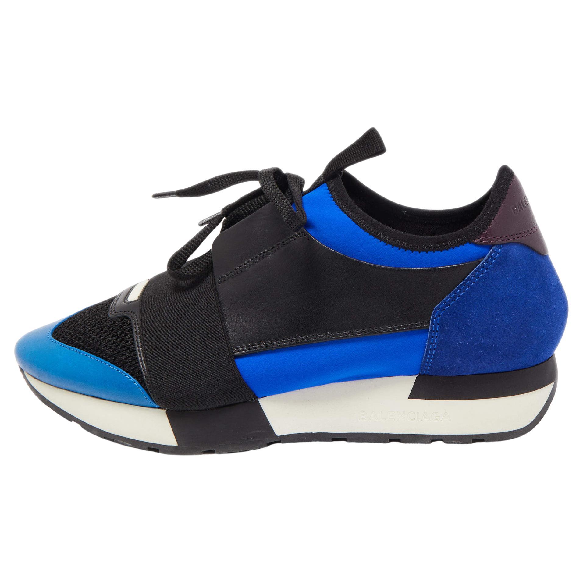 Balenciaga Black/Blue Leathe and Mesh Race Runner Low Sneakers For Sale