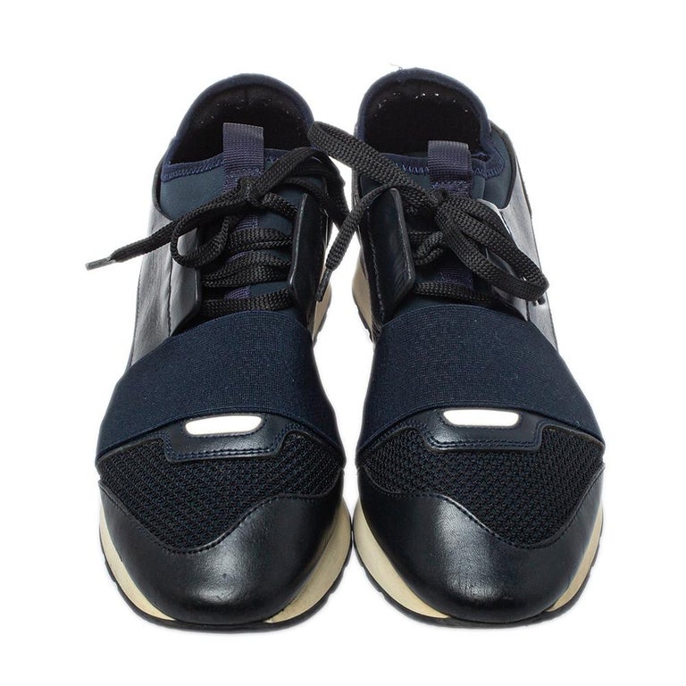 Balenciaga Black/Blue Leather And Mesh Race Runner Sneakers Size 38 at  1stDibs
