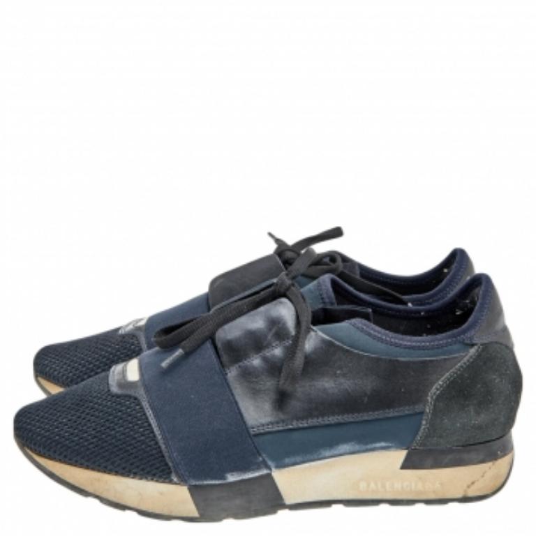 Balenciaga - Baskets Race Runner en cuir et maille noir/bleu - Taille 38 en vente 1