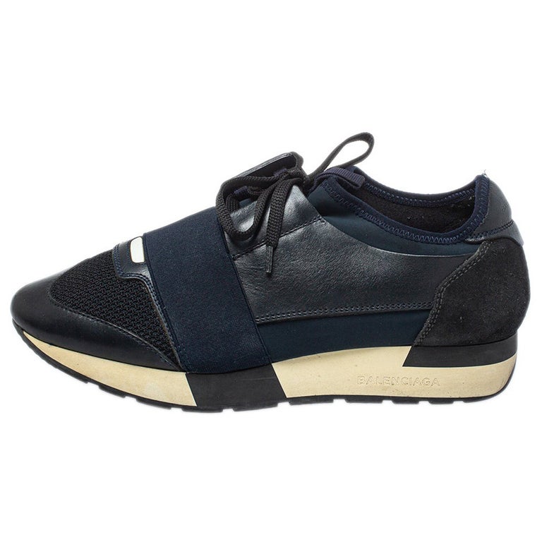 Balenciaga Black/Blue Leather And Mesh Race Runner Sneakers Size 38 For  Sale at 1stDibs
