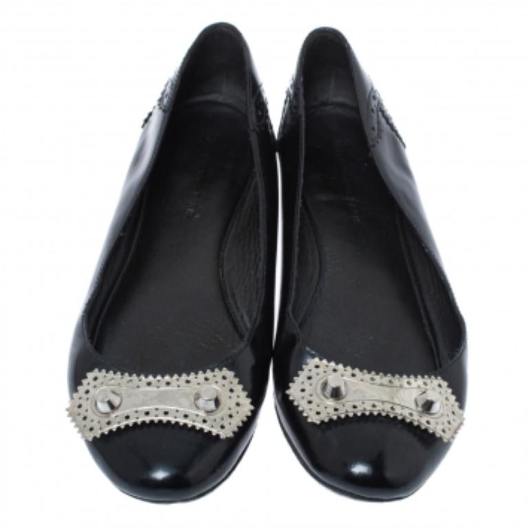 Women's Balenciaga Black Brogue Glossy Leather Metal Arena Ballet Flats Size 36 For Sale