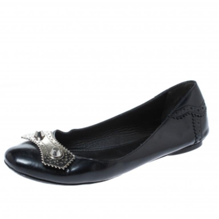 Balenciaga Black Brogue Glossy Leather Metal Arena Ballet Flats Size 36 For Sale 1