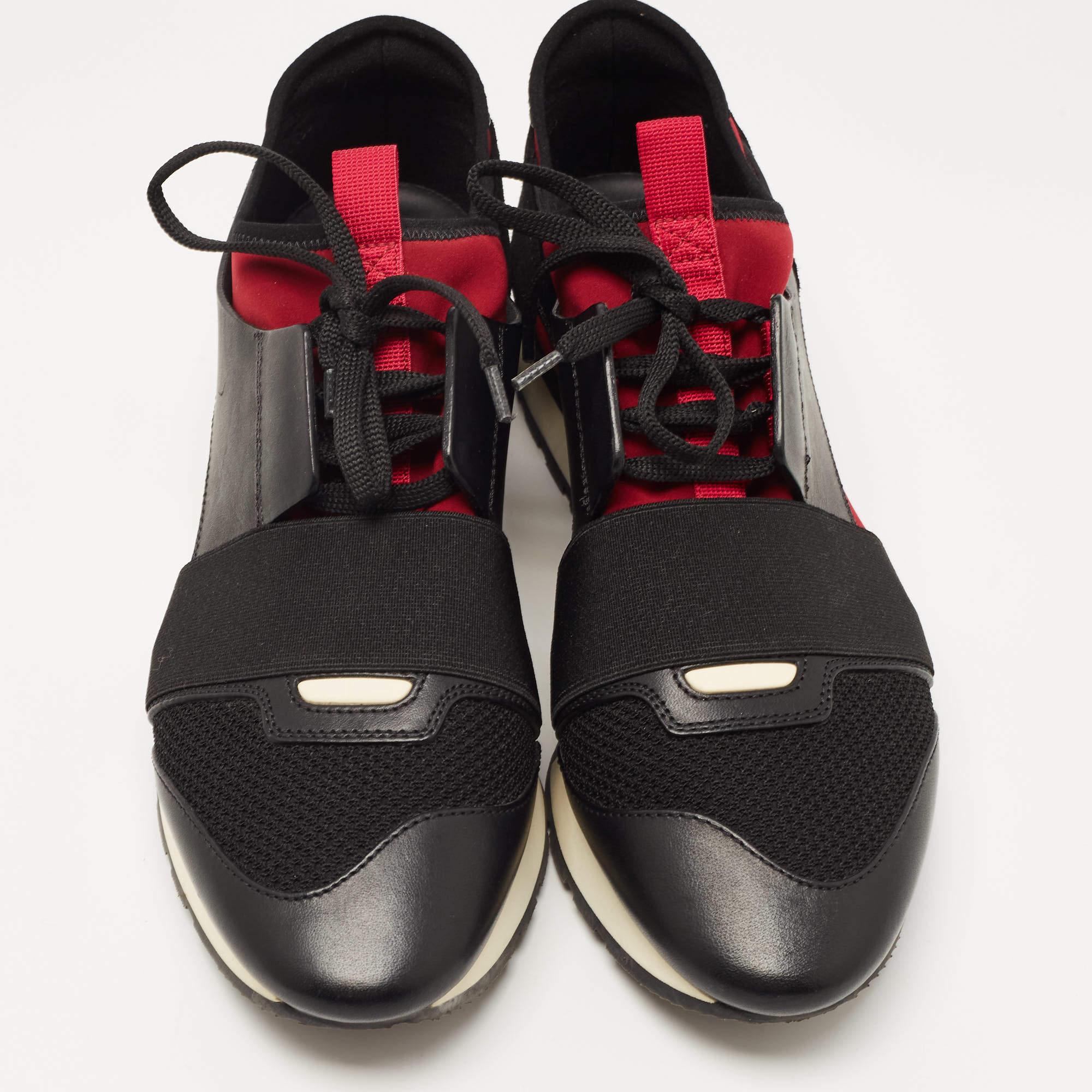 Balenciaga Black/Burgundy Leather and Mesh Race Runner Sneakers 1