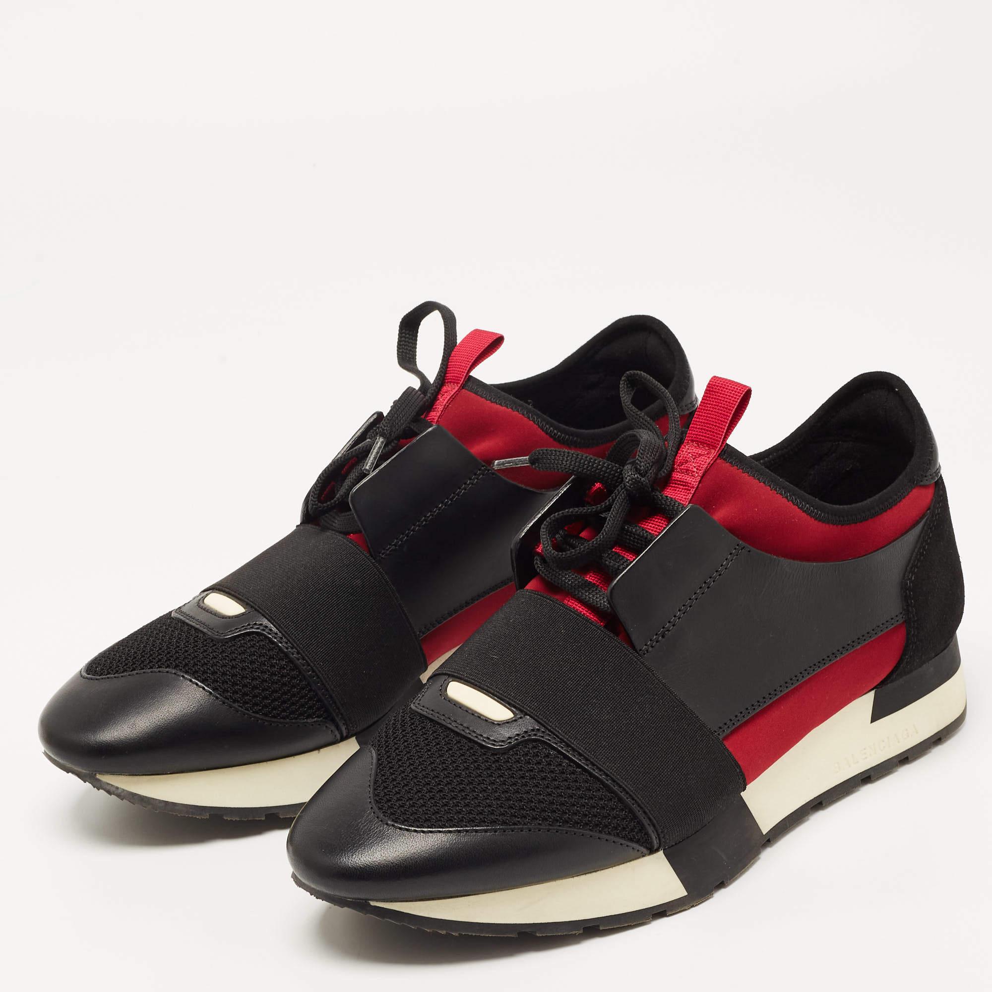 Balenciaga Black/Burgundy Leather and Mesh Race Runner Sneakers 2