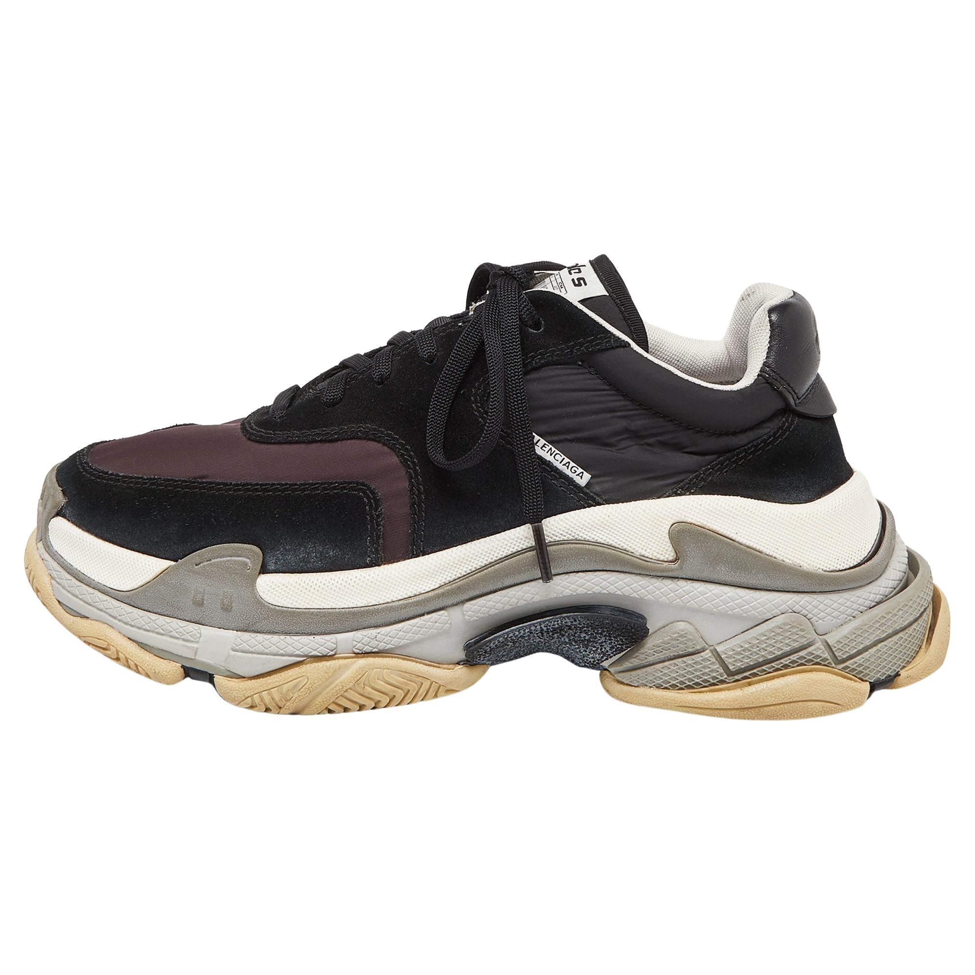 Balenciaga Black/Burgundy Suede and Nylon Triple S Sneakers Size 41 For Sale