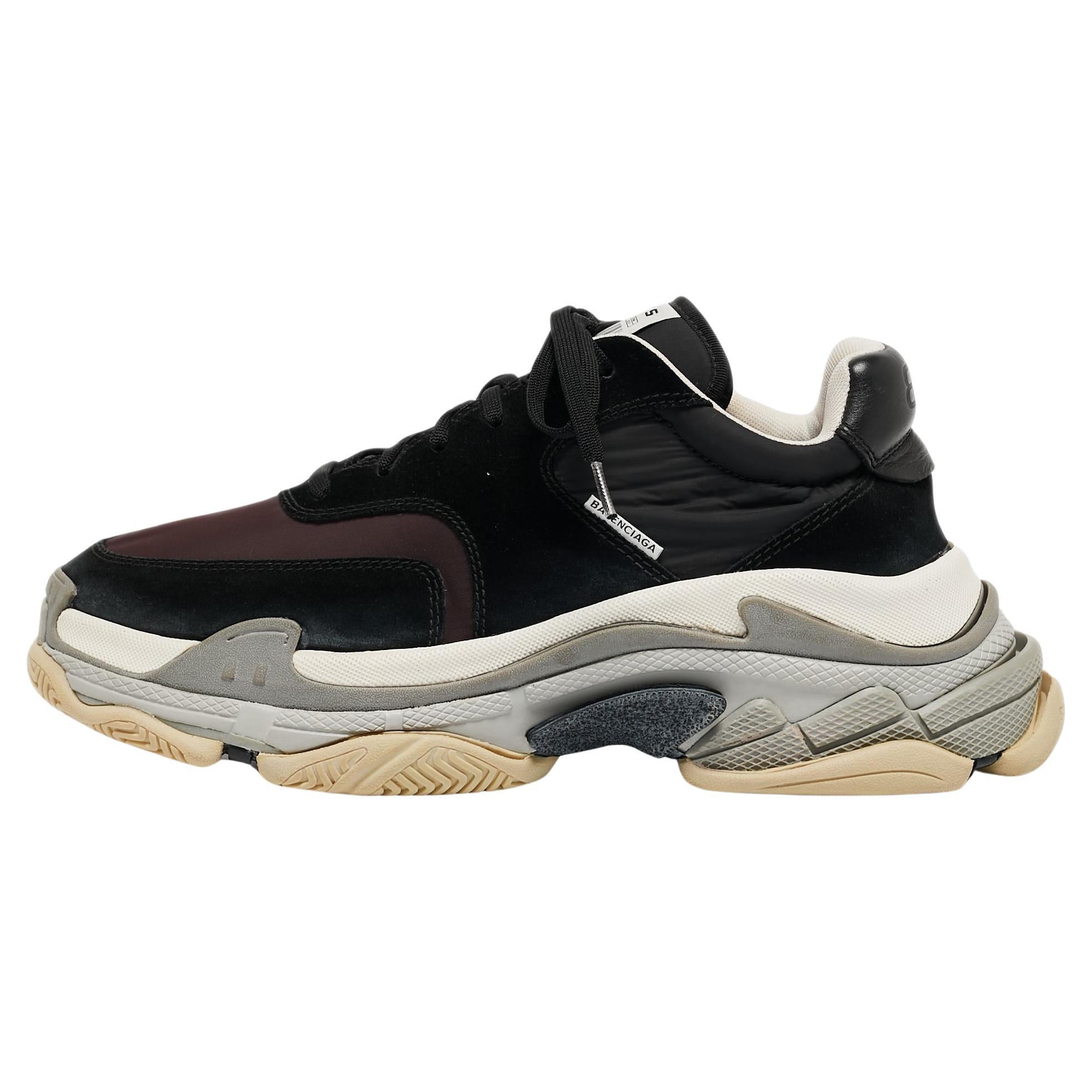 Balenciaga Black/Burgundy Suede and Nylon Triple S Sneakers Size 43