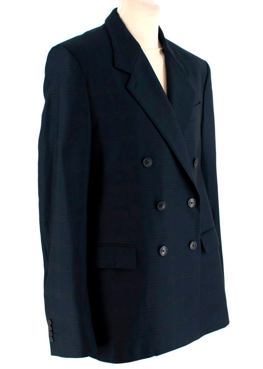  Balenciaga Black Check Wool Double Breasted Blazer
 

 - Wool double-breasted black blazer with tonal check pattern
 - Features notched lapels, two front flap pockets, double vent, and padded shoulders
 - Black buttons with engraved brand