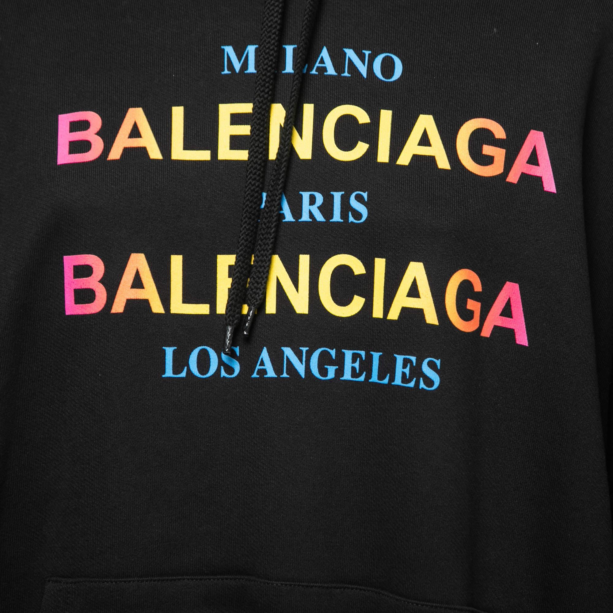 Balenciaga Black Cotton Multi-City Logo Print Hooded Sweatshirt M In Excellent Condition For Sale In Dubai, Al Qouz 2