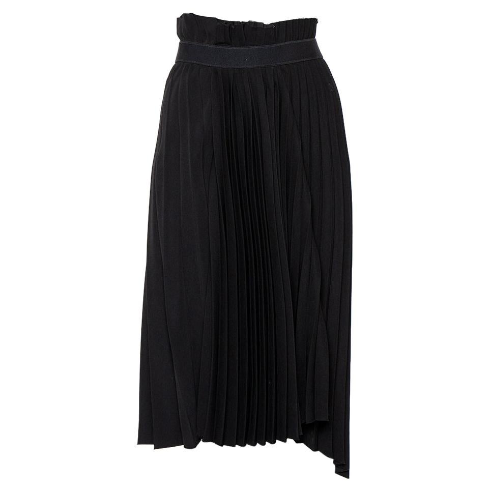 Balenciaga Black Crepe Logo Detail Pleated Asymmetric Hem Midi Skirt S ...