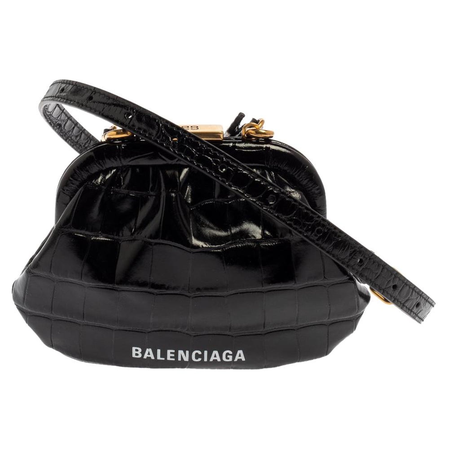 Balenciaga Black Croc Embossed Leather Cloud Coin Purse Clutch Bag at  1stDibs