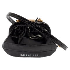 Balenciaga Black Croc Embossed Leather Cloud Coin Purse Clutch Bag