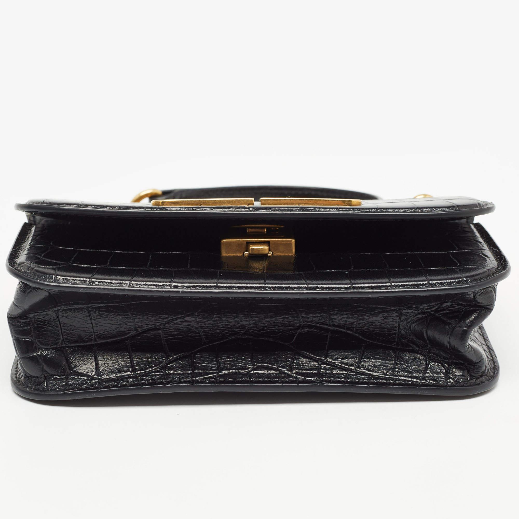 Balenciaga Black Croc Embossed Leather Gossip Wallet On Chain 6