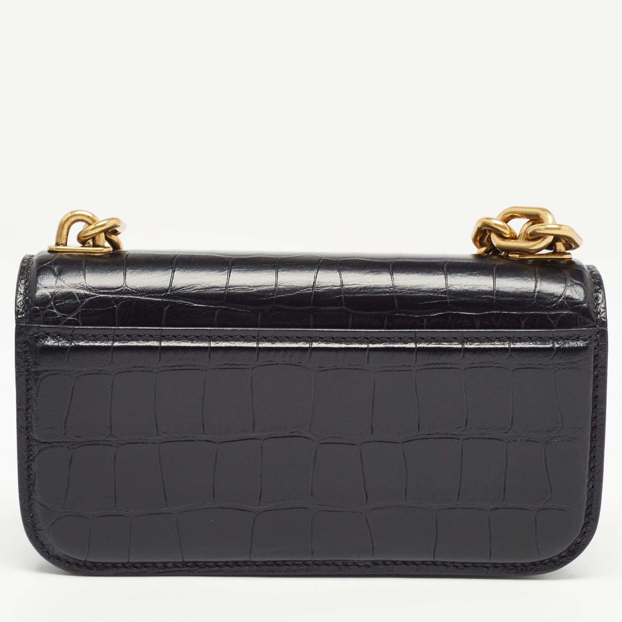 Balenciaga Black Croc Embossed Leather Gossip Wallet On Chain 7