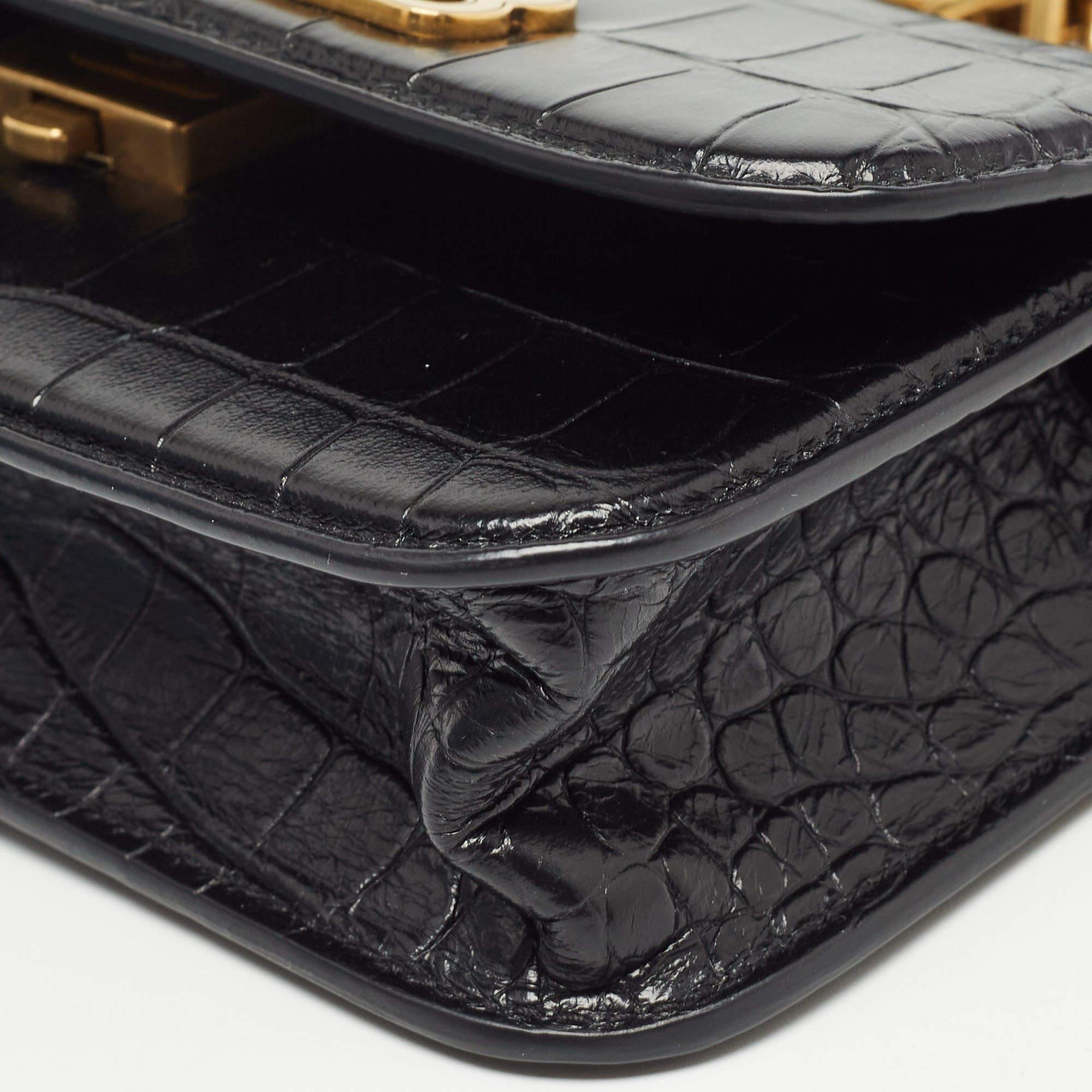 Women's Balenciaga Black Croc Embossed Leather Gossip Wallet On Chain