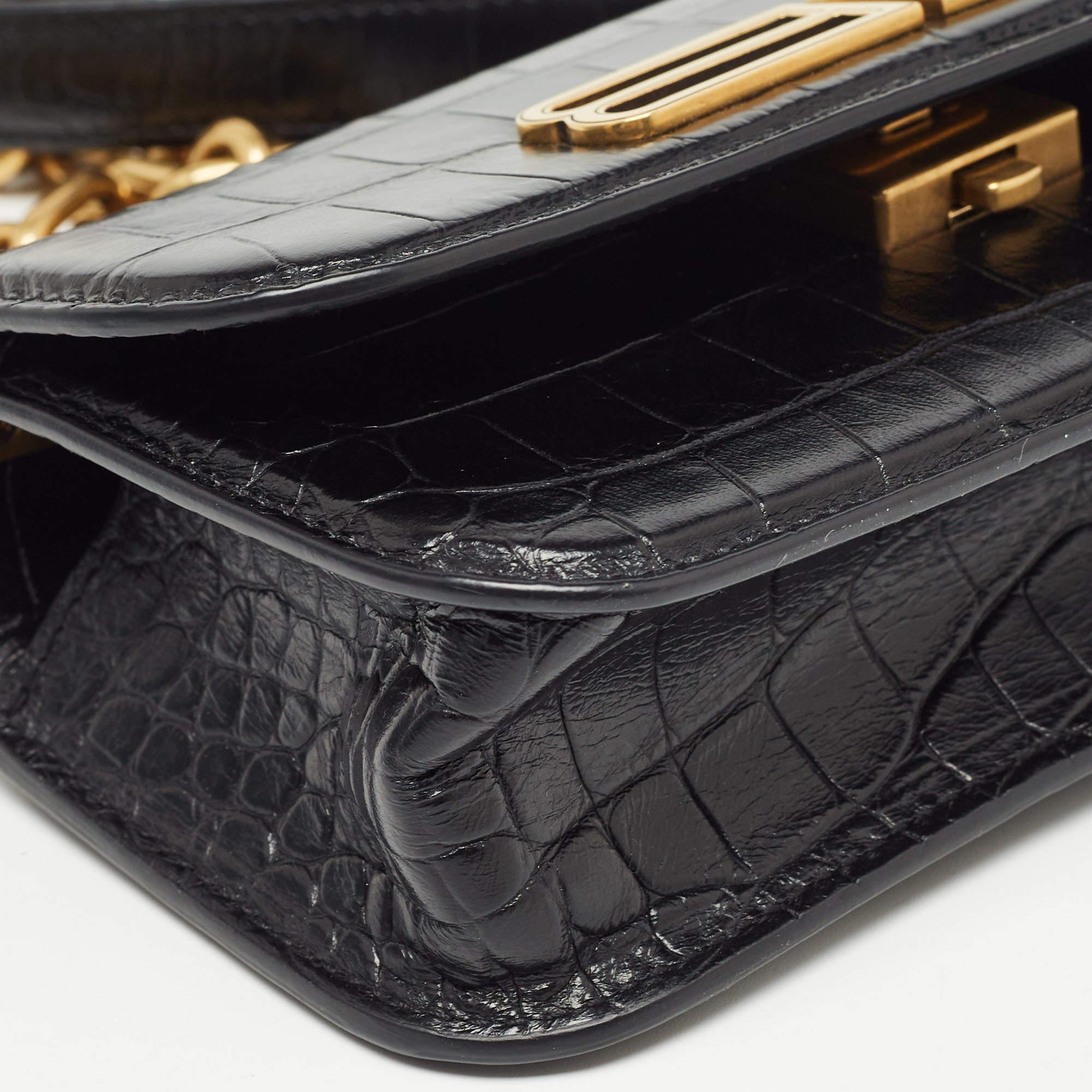 Balenciaga Black Croc Embossed Leather Gossip Wallet On Chain 1