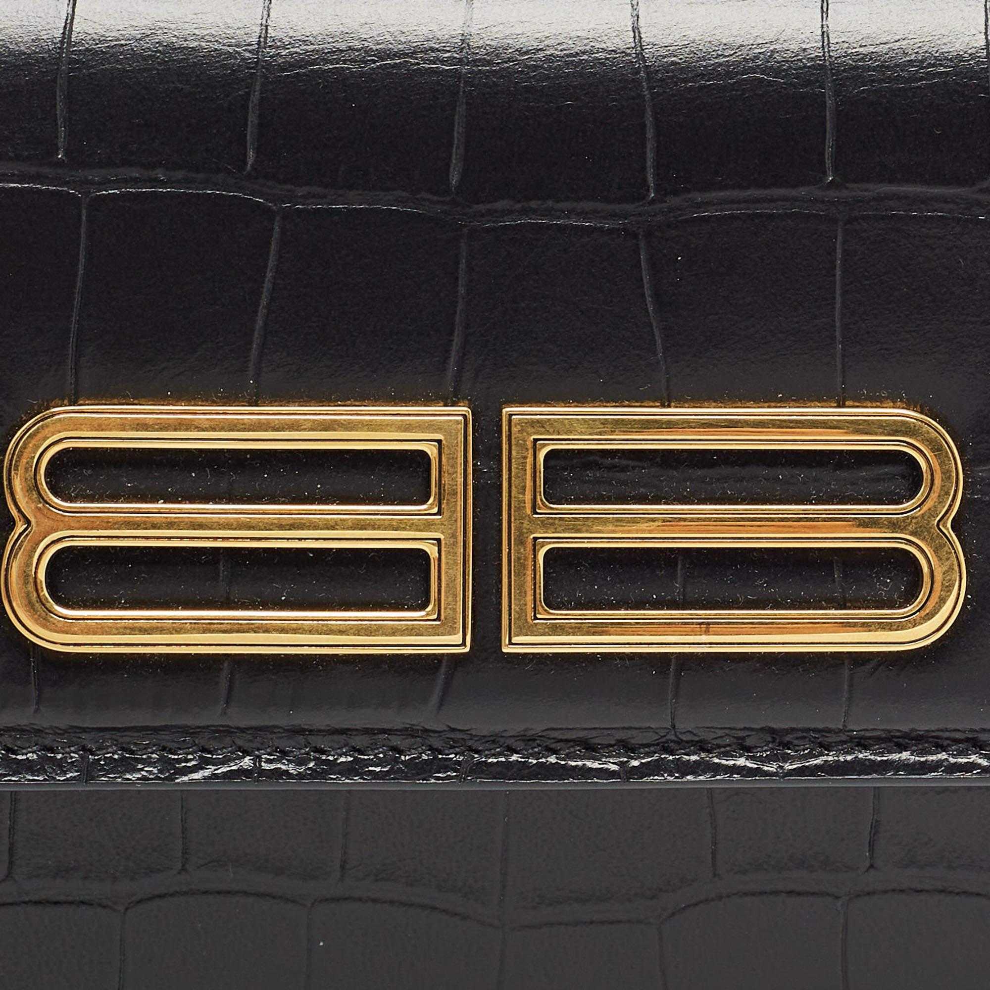 Balenciaga Black Croc Embossed Leather Gossip Wallet On Chain 2
