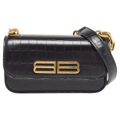 Balenciaga Gossip Brieftasche aus schwarzem Leder mit Krokodillederprägung an Kette
