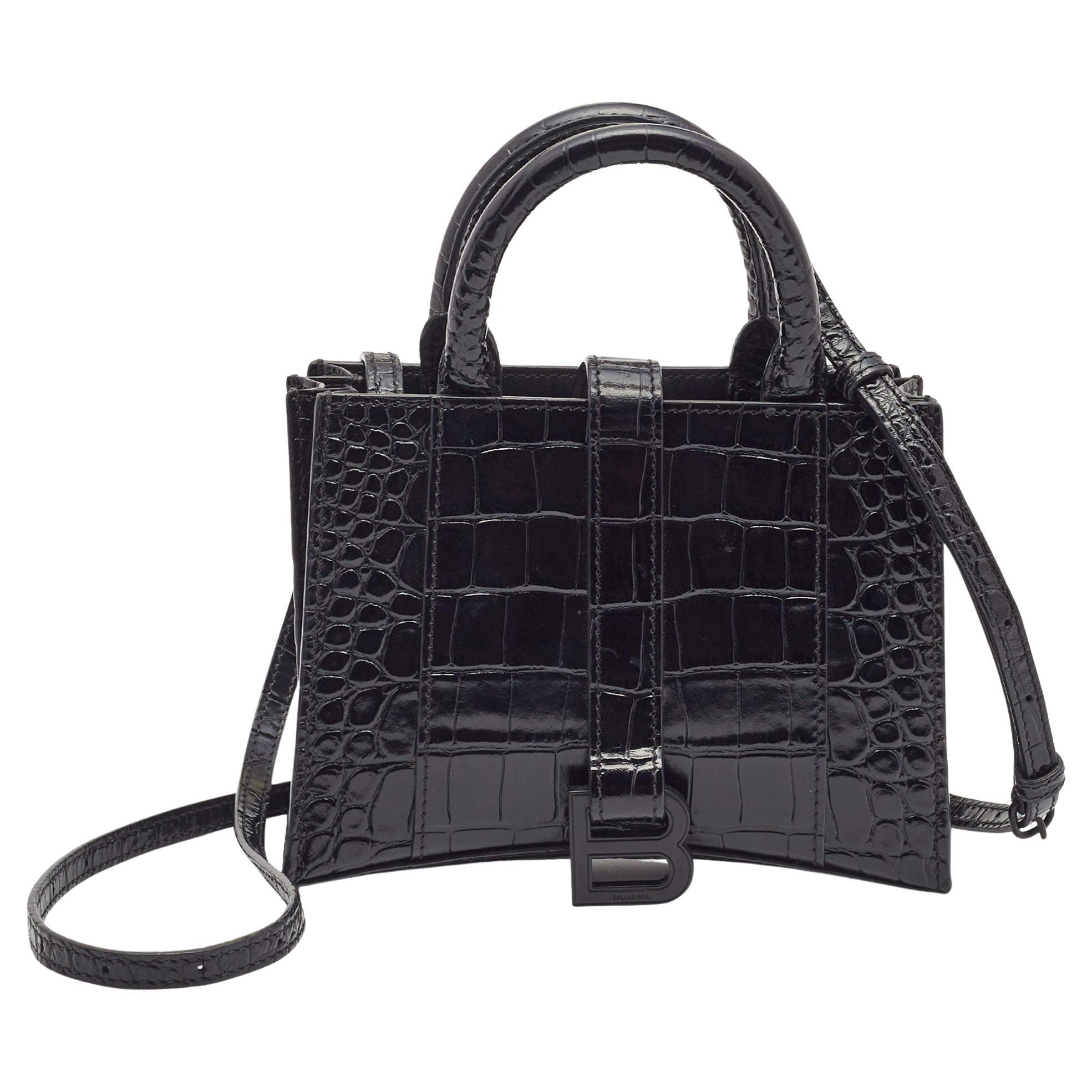 Balenciaga Black Croc Embossed Leather Hourglass XXS East West Tote