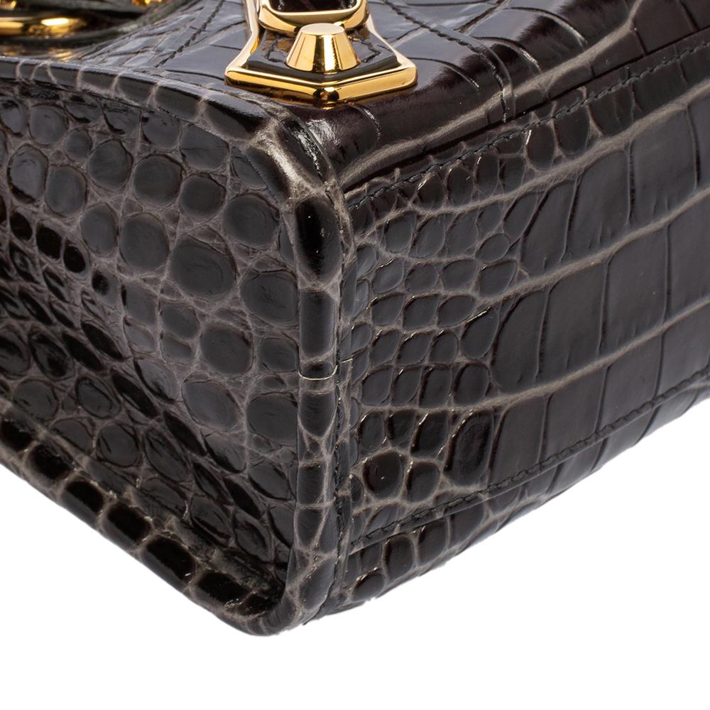 Women's Balenciaga Black Croc Embossed Leather Mini Classic Metallic Edge City Tote